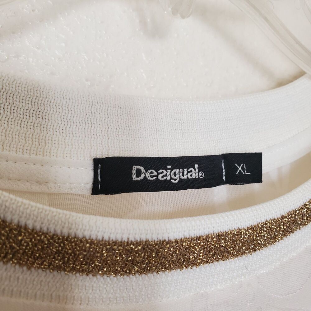 Desigual Women's XL Off-White Burnout Velvet Floral Sheer Top Gold Trim Pullover - Picture 2 of 15